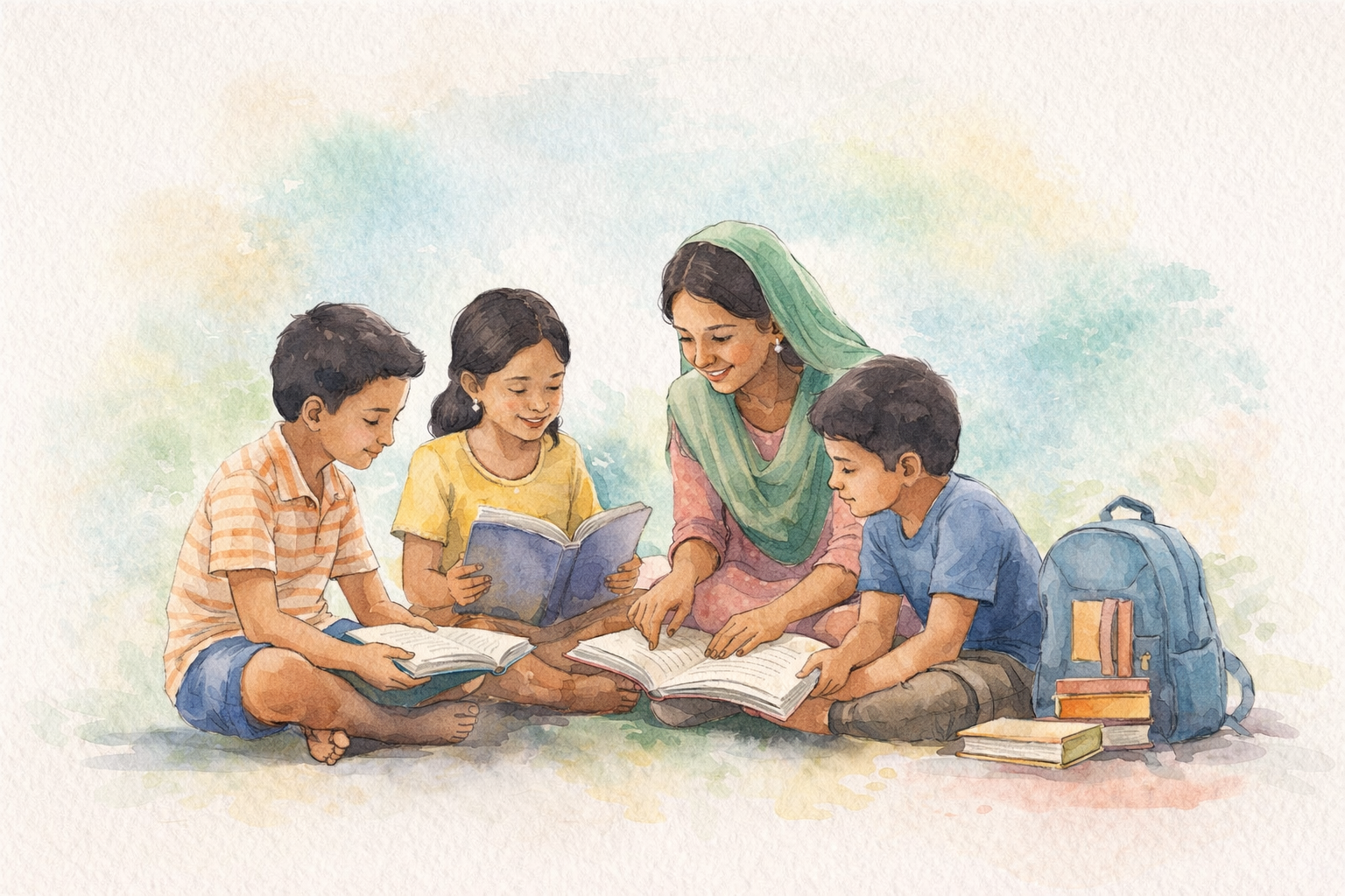Watercolor illustration of children learning with a teacher